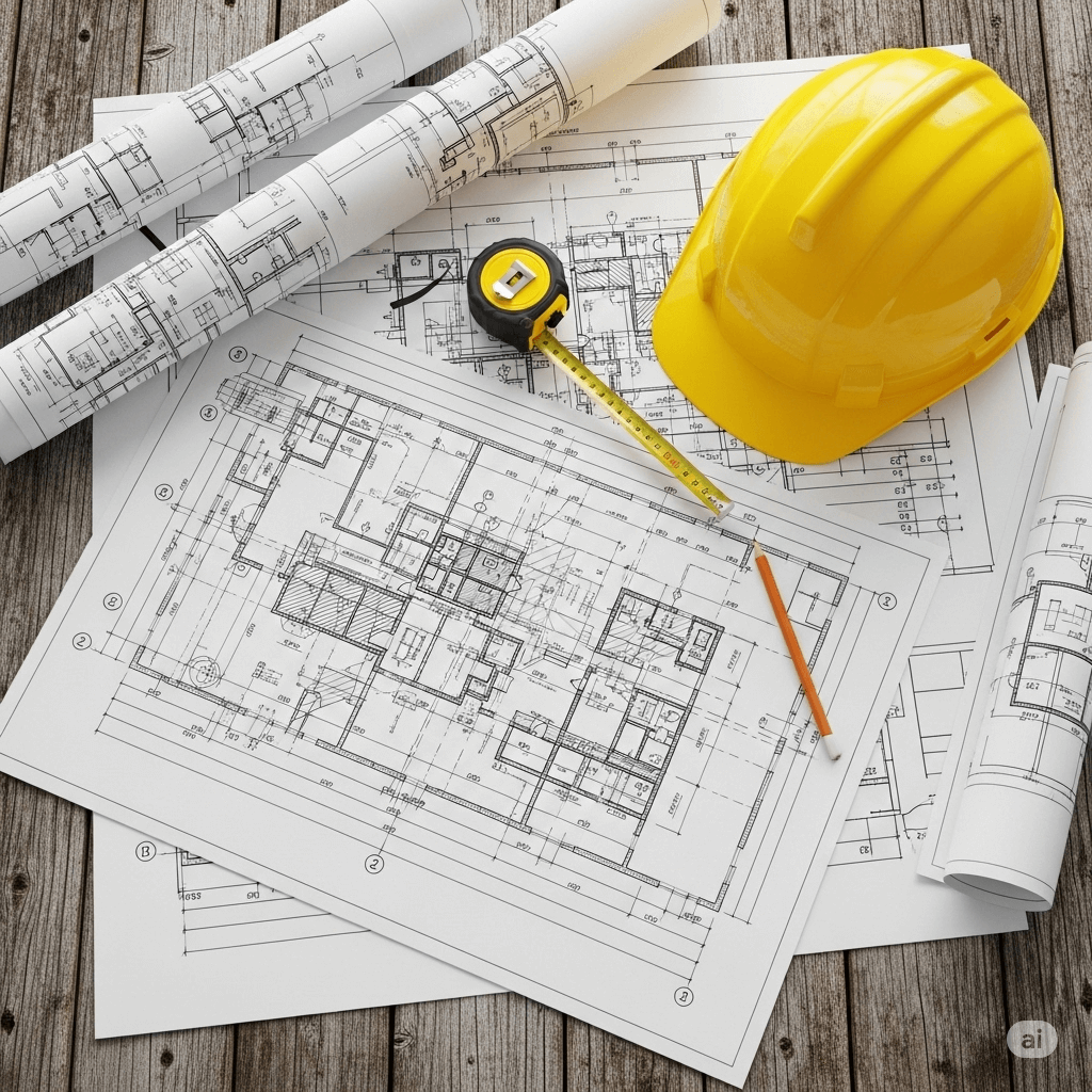 Construction blueprints and a hard hat on a wooden table.