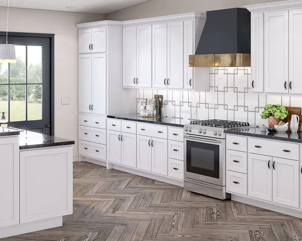 Custom dark blue shaker cabinets in a modern kitchen