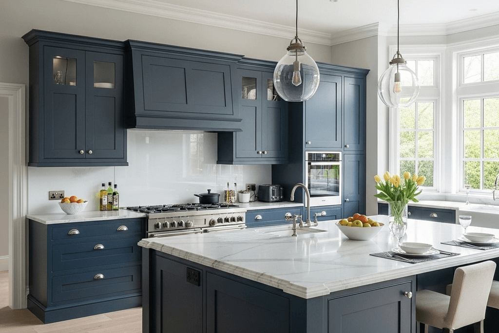 Stylish dark blue custom kitchen cabinets and island