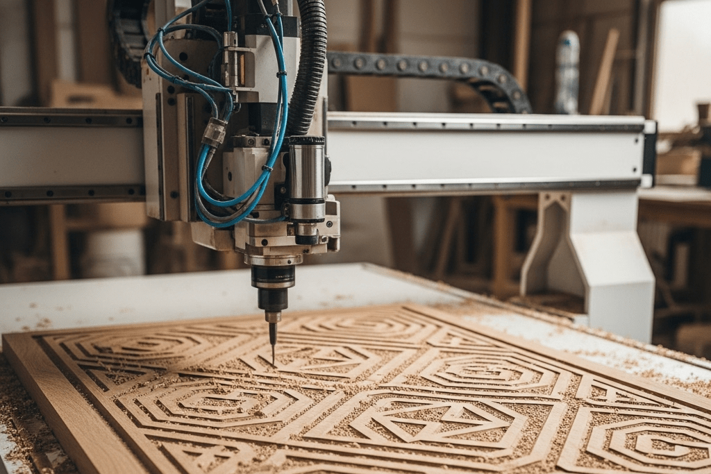 CNC machine carving an intricate pattern into an oak panel