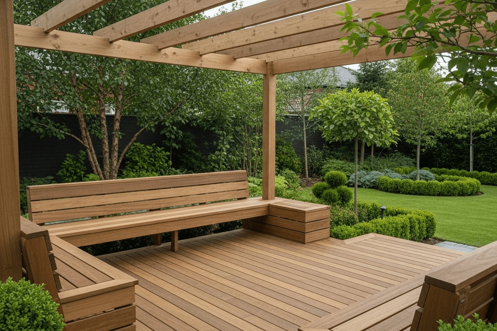 Beautiful wooden deck with built-in seating and a pergola