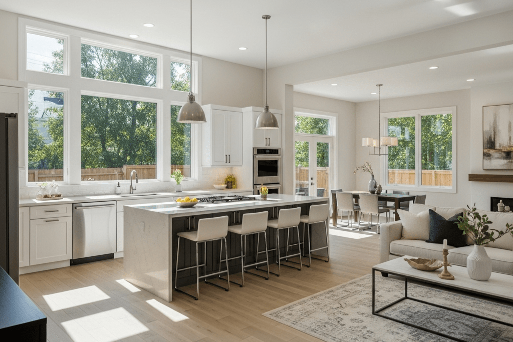 Open-concept living room and kitchen after a remodel