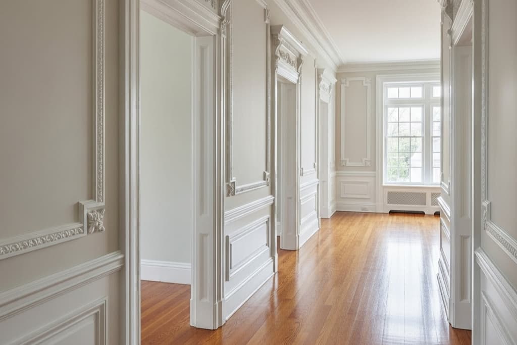 Elegant hallway with detailed wainscoting and trim